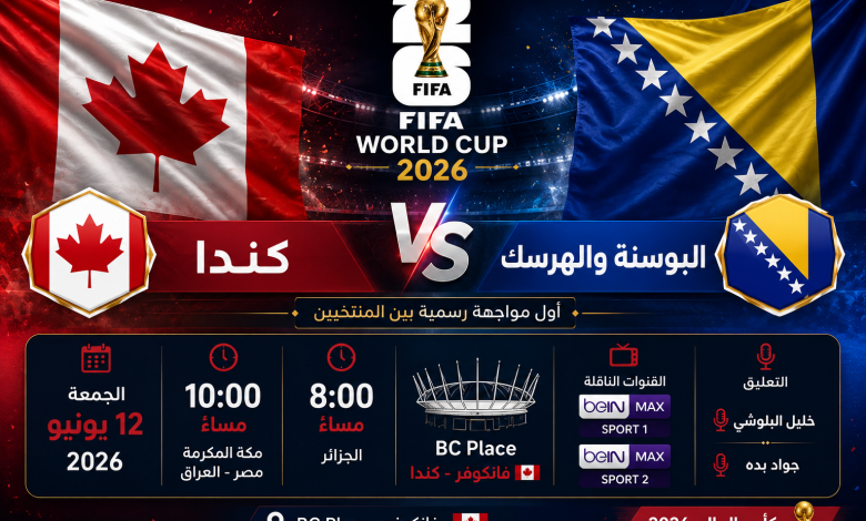 موعد مباراة كندا والبوسنة والهرسك اليوم الجمعة 12-6-2026 أول مواجهة رسمية بينهما في كأس العالم 2026 والقنوات الناقلة